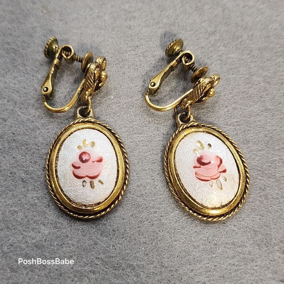 Vintage Guilloché Enamel Rose Earrings | Screw Back Gold Tone 1" - Picture 2 of 7